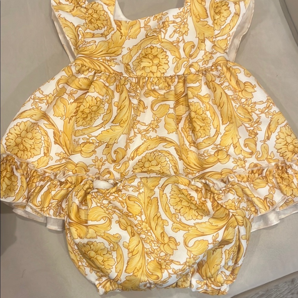 Versace Yellow and White Dress with Ruffled Sleeves and Vintage Design